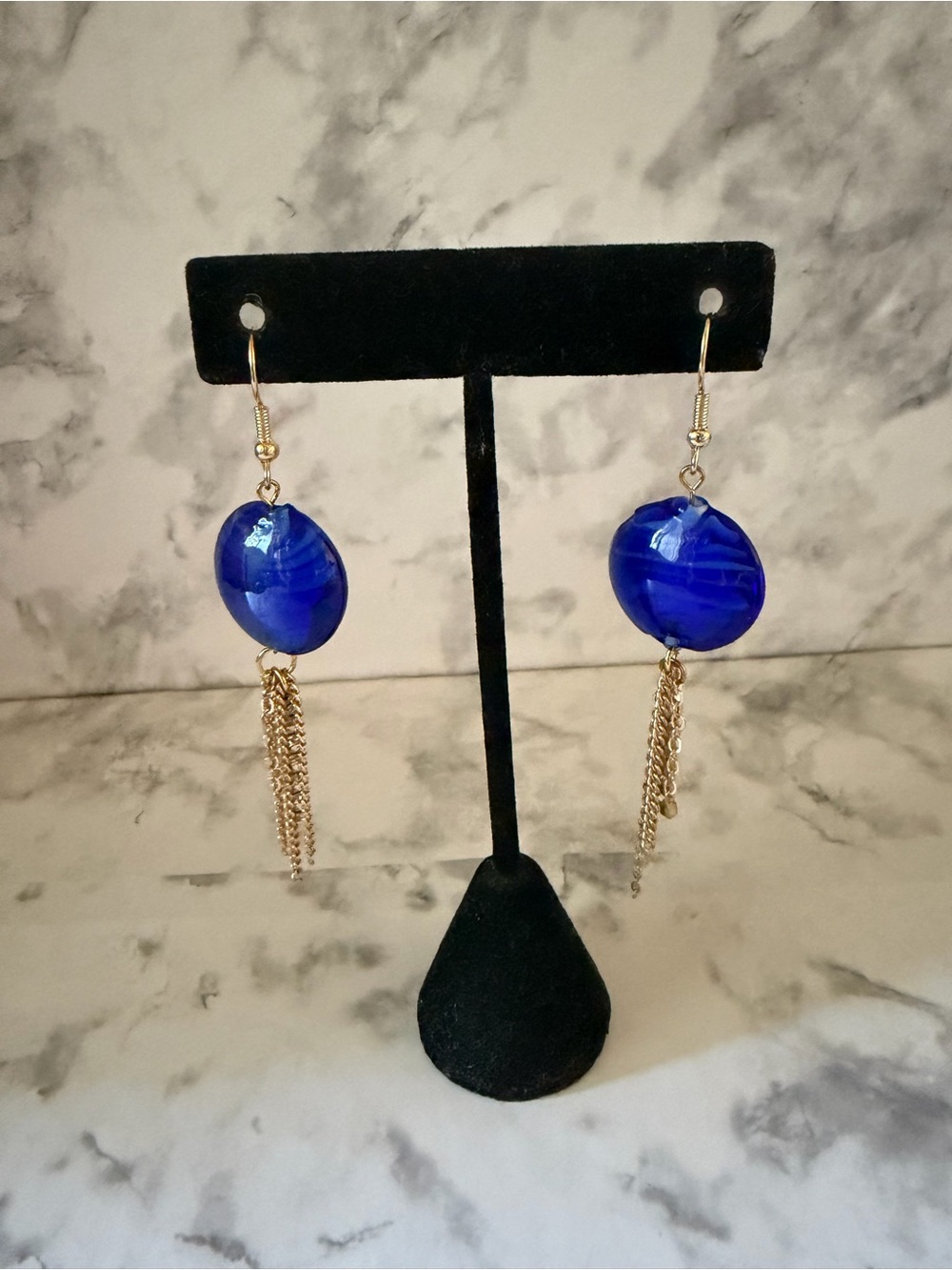 Blue Glass Disc Dangle Earrings with Gold Chain fashion Tassels